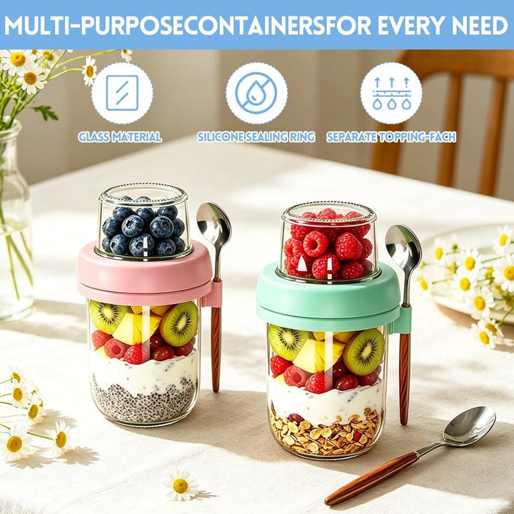 Müslibecher to Go 480ml+120ml, Overnight Oats Glas mit Deckel, Joghurtbecher to Go mit Trocken und N