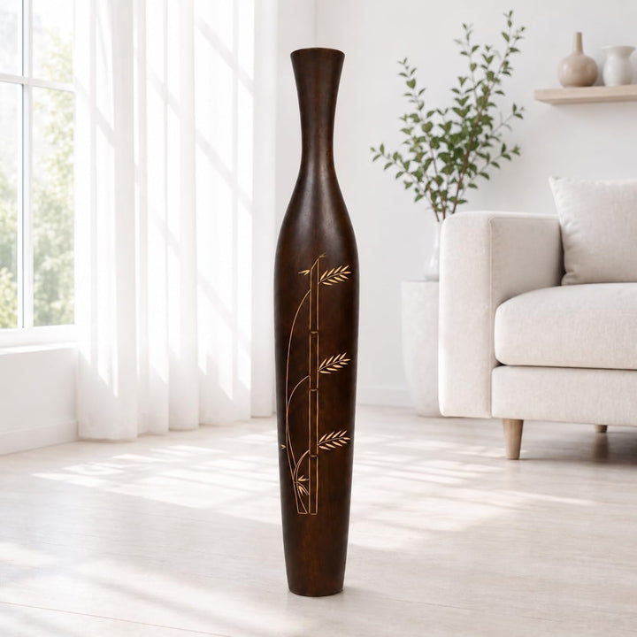 Leewadee Grosse Bodenvase für Dekozweige hohe Standvase Design Holzvase, Holz, 90 cm, Braun, 90 cm