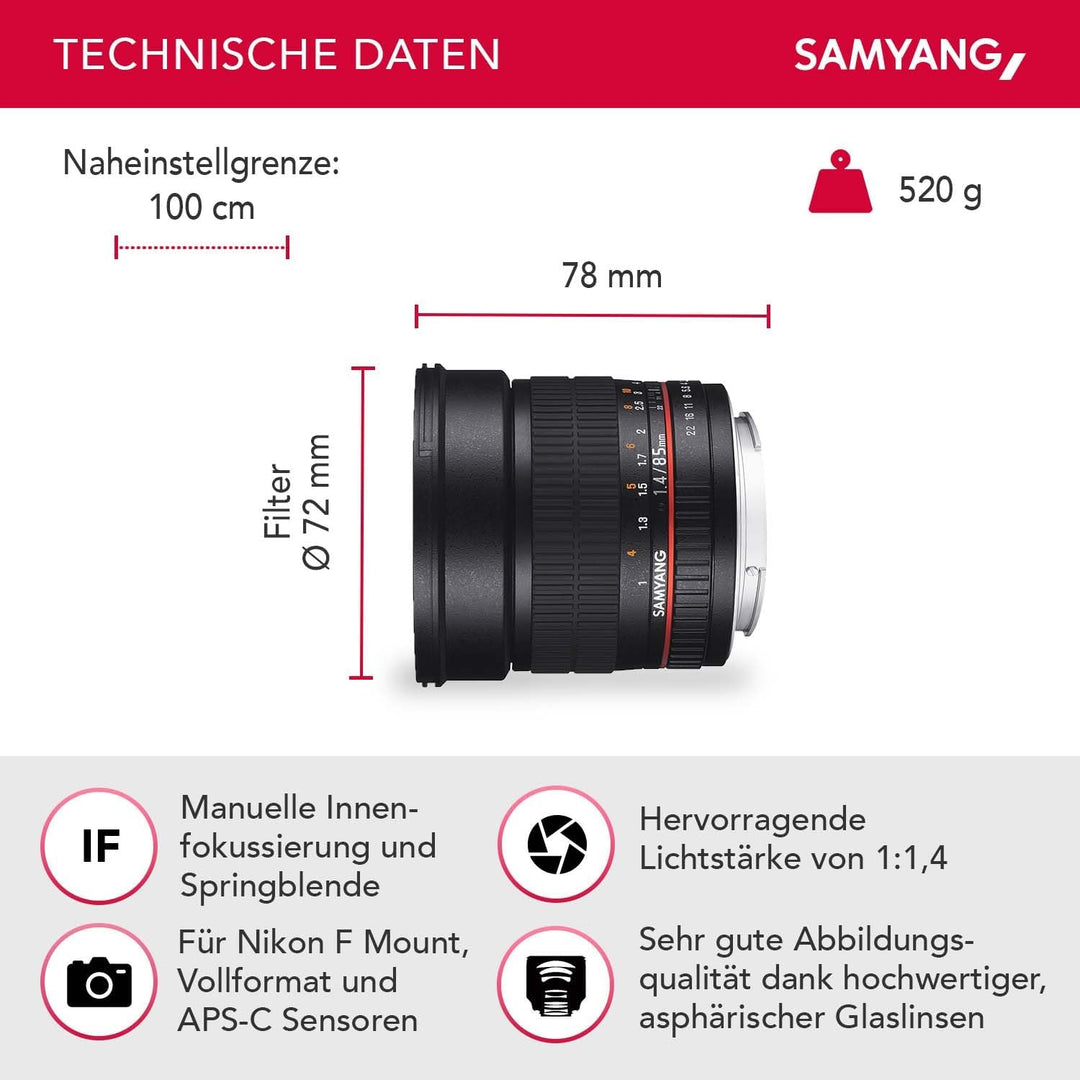 Samyang MF 85mm F1,4 AS IF UMC für Sony E – Vollformat Portrait Objektiv , geeignet für APS-C, manue