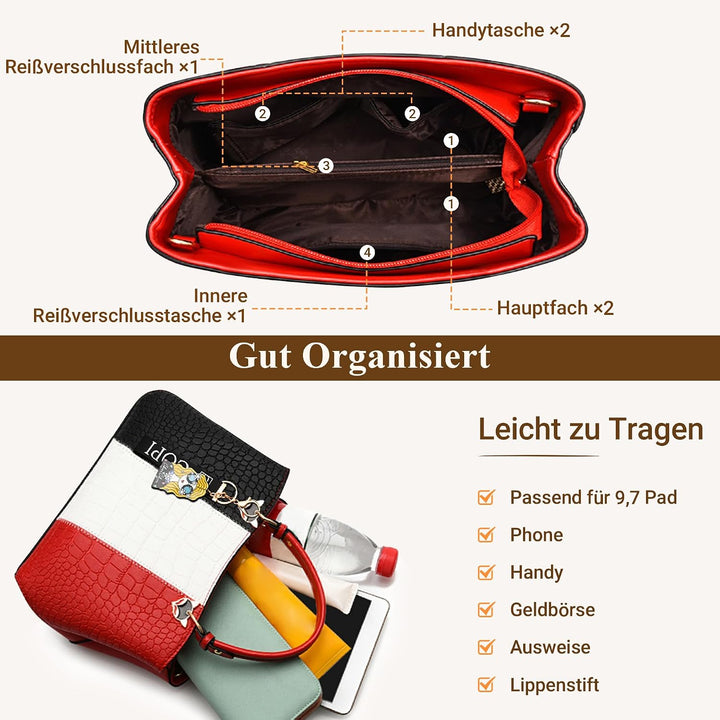 DIRRONA Damen Handtasche – PU Leder Handtasche mit Farbblock-Design und elegantem Anhänger, stilvoll