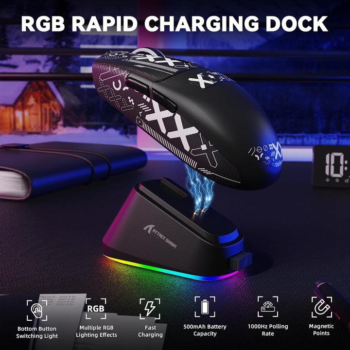MAMBASNAKE x ATTACK SHARK G3PRO Gaming-Maus mit Magnetischer Ladestation, BT/2.4G Wireless/Kabel, Pi