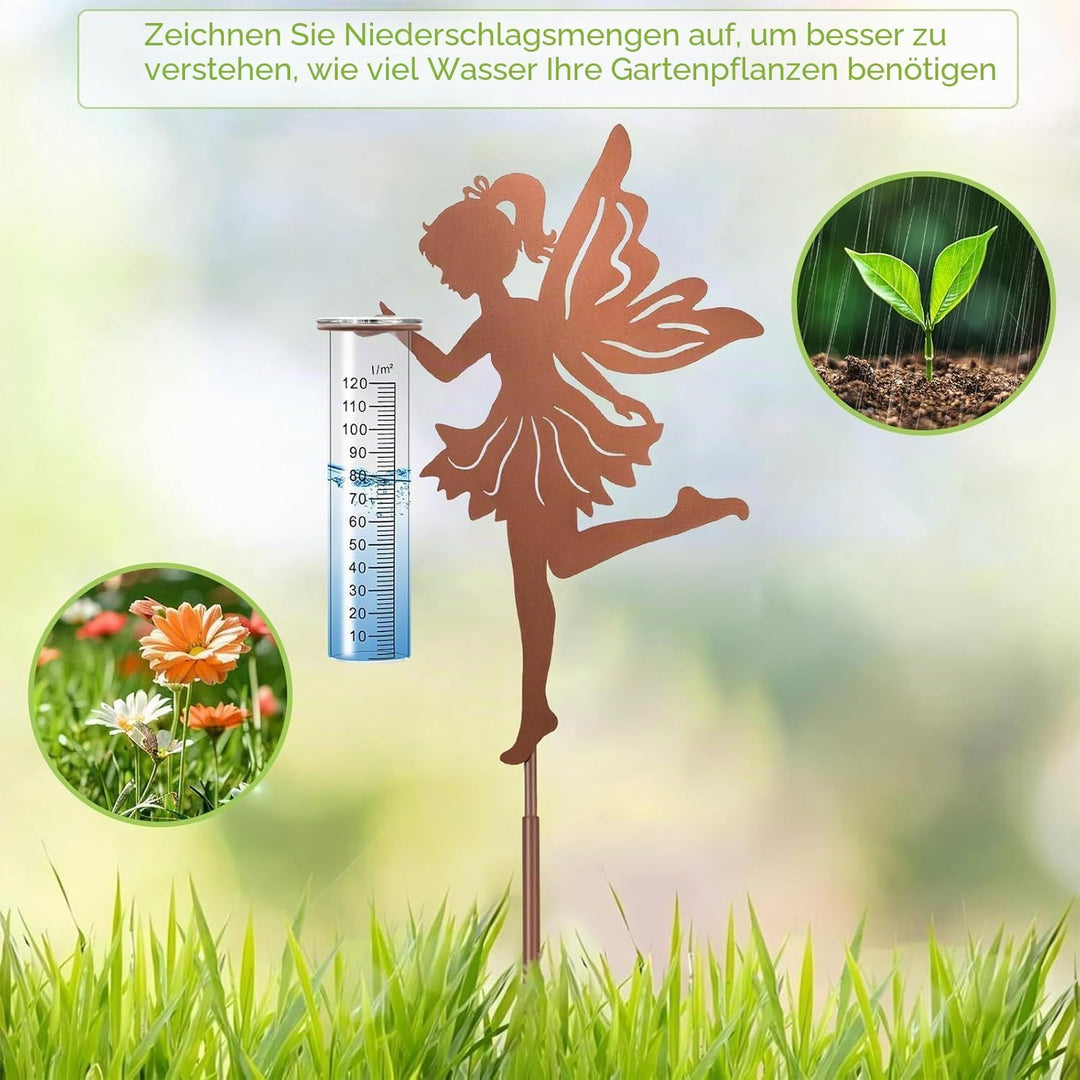 Regenmesser für Garten Niederschlagsmesser, Gartenstecker Elfe stehend Gartendeko 110cm mit stab, Re