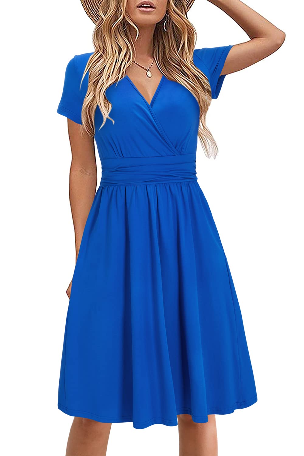 STYLEWORD Damen Sommerkleid Kurzarm V-Ausschnitt Kleider Blumenmuster Kleid Wickelkleid Mit Taschen