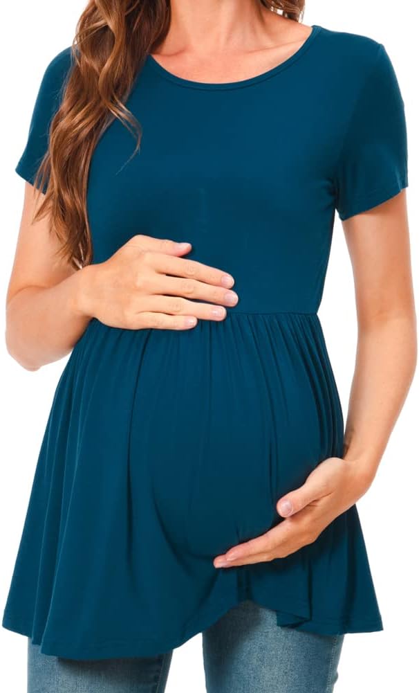 Bearsland Maternity Tops Short Sleeve Scoop Neck Breastfeeding T-Shirt Pregnancy Clothes, M Lake Blu