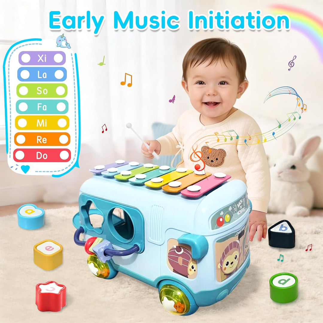 Montessori Spielzeug Musikalischer Bus mit Xylophon Motorikwürfel Rassel Rad Geschenk für Mädchen ab