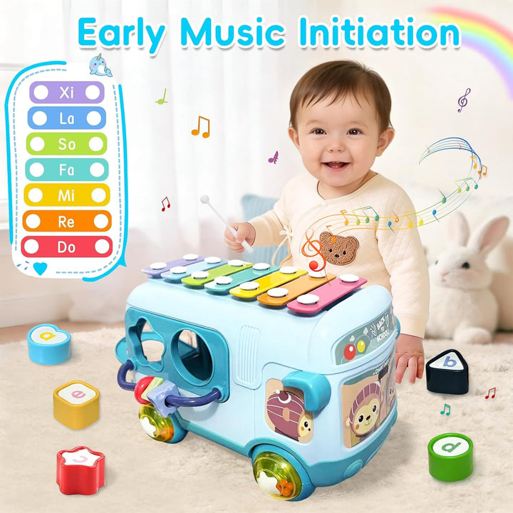Montessori Spielzeug Musikalischer Bus mit Xylophon Motorikwürfel Rassel Rad Geschenk für Mädchen ab