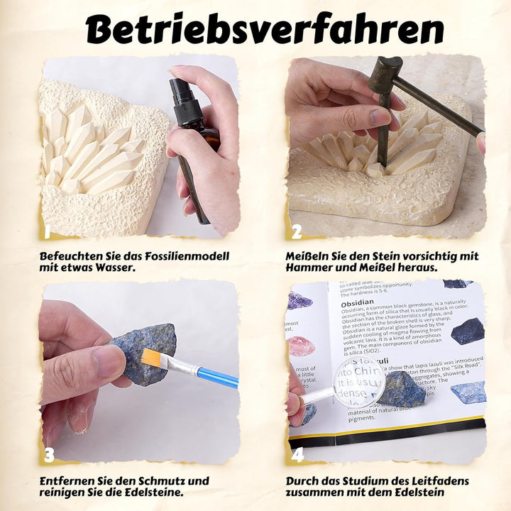 Ausgrabungsset für Kinder, 15+ Edelsteine & Kristalle, Komplettes Entdeckungs-Set mit Detailliertem