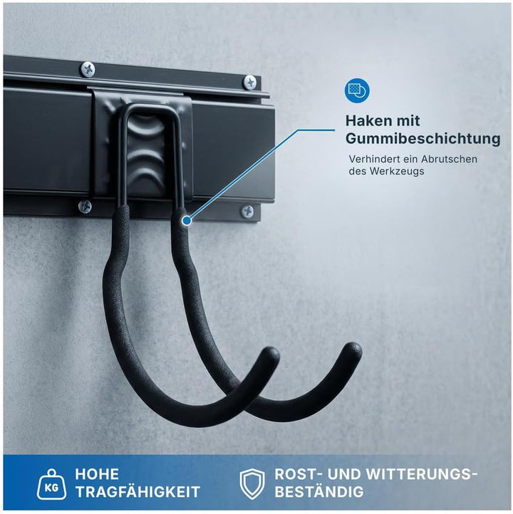 Dönges Werkzeug Wandhaken für Garage Aufbewahrungsregal mit 5 Schienen, 14 Haken &amp; 2 Klettschlaufen