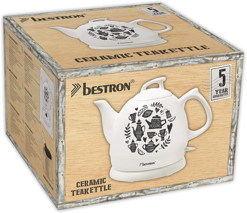 Bestron Wasserkocher im Retro Design, 0,8 Liter, Ca. 1800 Watt, Keramik, Aufdruck: Tea Party Tea Par