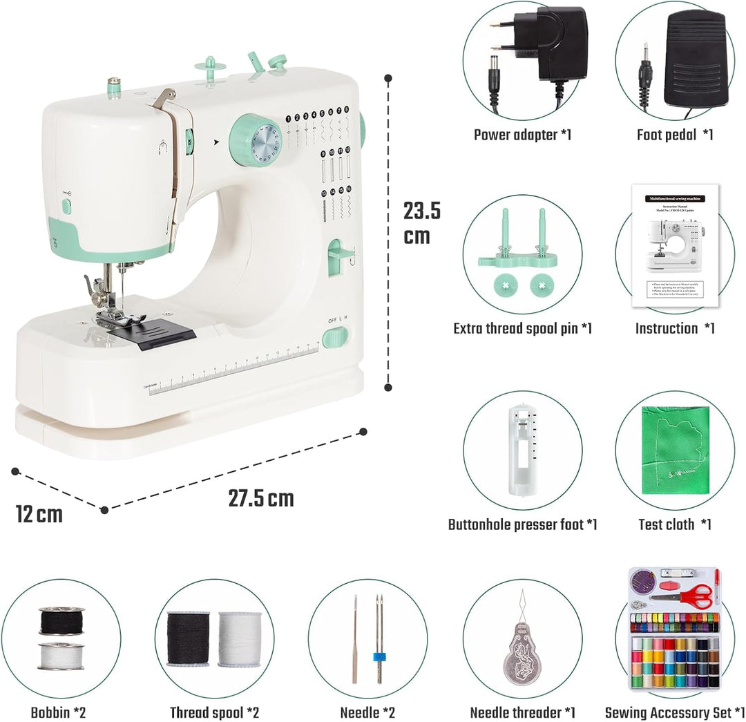 Todeco Nähmaschine für Anfänger und Kinder, 16 Stichmuster, Doppelte Nadel und doppelter Faden, Nähm