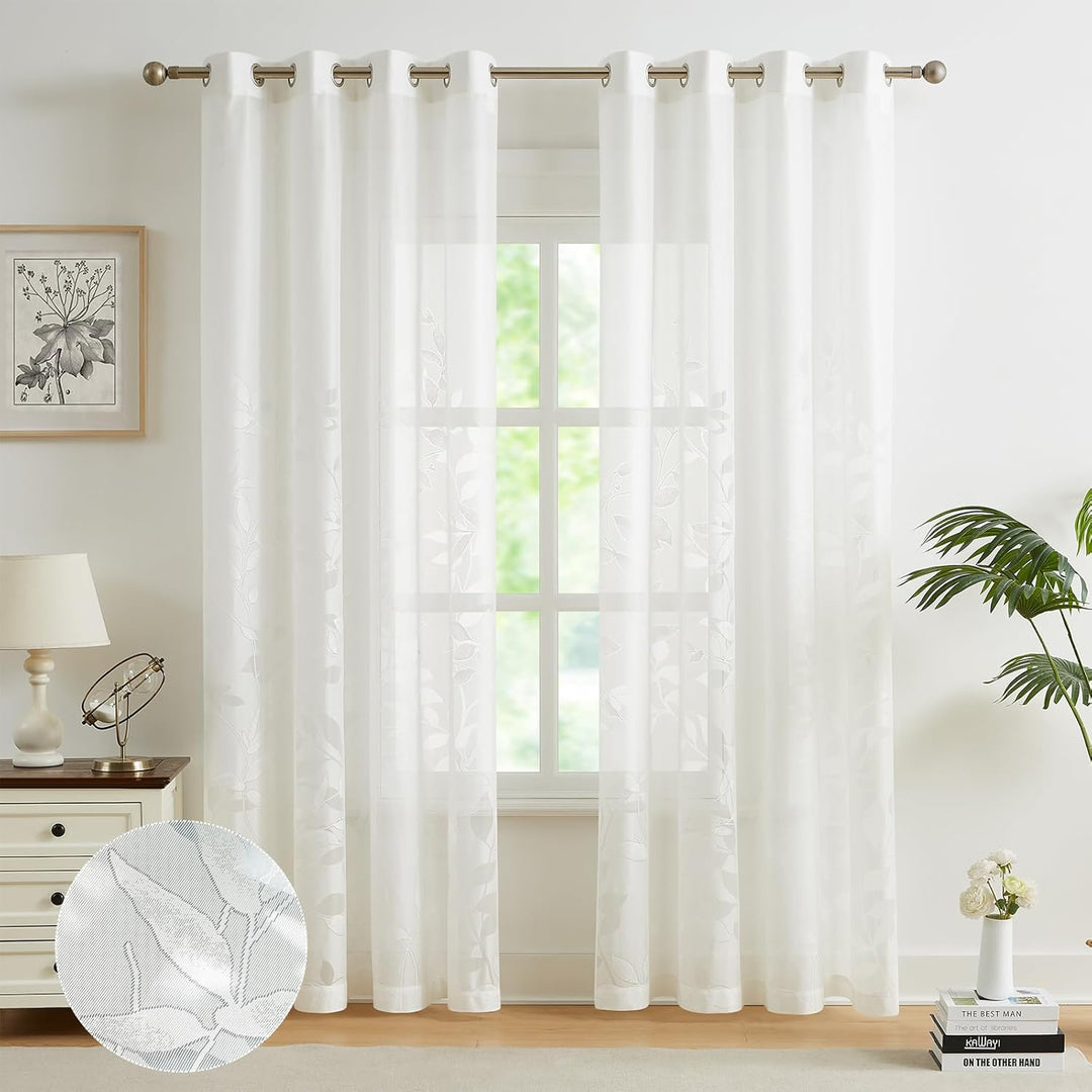 Treatmentex Durchsichtig Spitze Vorhang Jacquard Gardinen mit Ösen Blättermuster Halbtransparente Vo