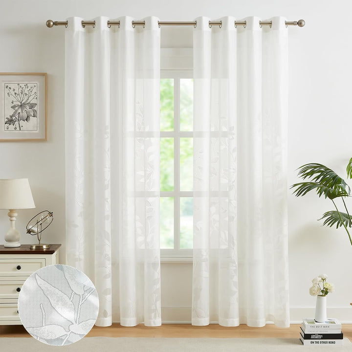 Treatmentex Durchsichtig Spitze Vorhang Jacquard Gardinen mit Ösen Blättermuster Halbtransparente Vo