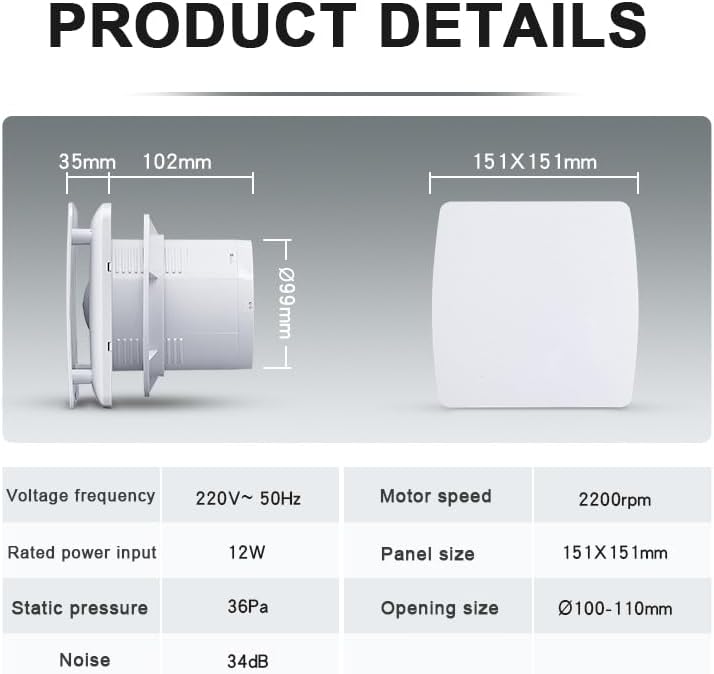 Abluftventilator 100mm Badlüfter Lüfter 100mm Rohrventilator - 12W Extra Leiser Luftentfeuchter für