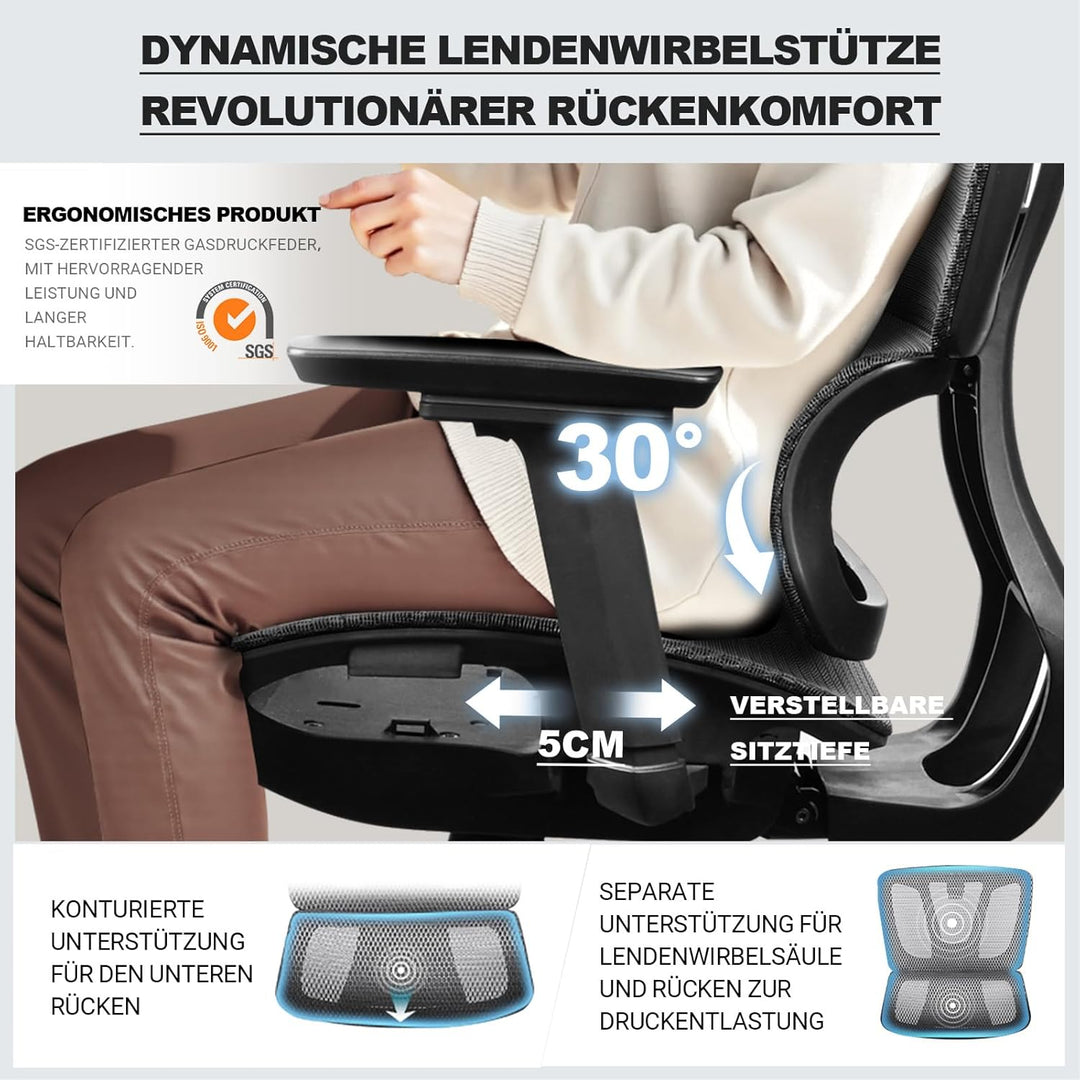Bürostuhl Ergonomisch, 4D-Armlehnen, Verstellbare Sitztiefe, 4-stufige Neigung, Gummirollen, Mesh-Si