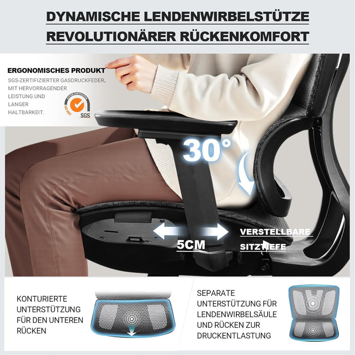 Bürostuhl Ergonomisch, 4D-Armlehnen, Verstellbare Sitztiefe, 4-stufige Neigung, Gummirollen, Mesh-Si