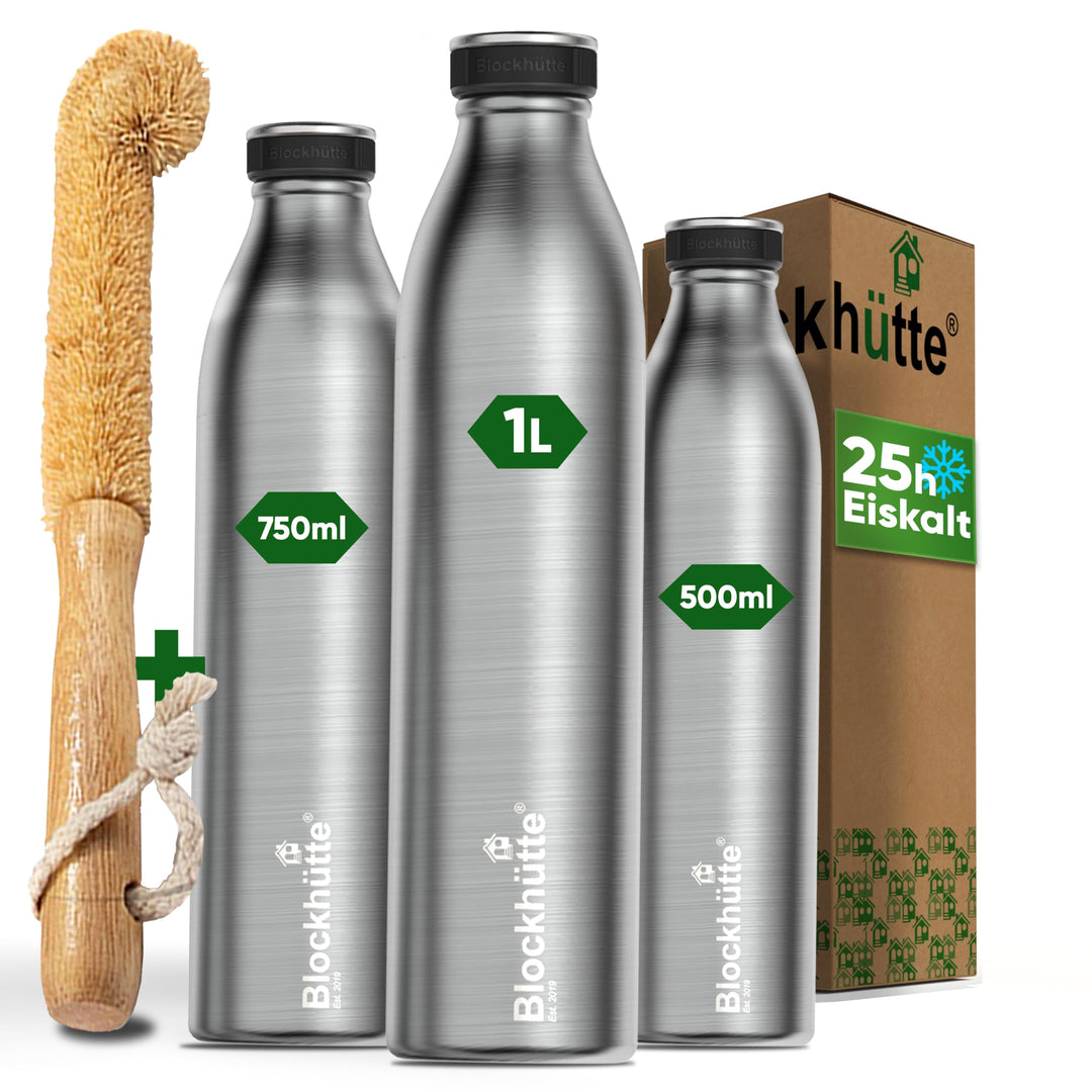 Blockhütte Wasserflasche Edelstahl 500ml I Isolierte Thermosflasche, Wasserflasche Kohlensäure geeig