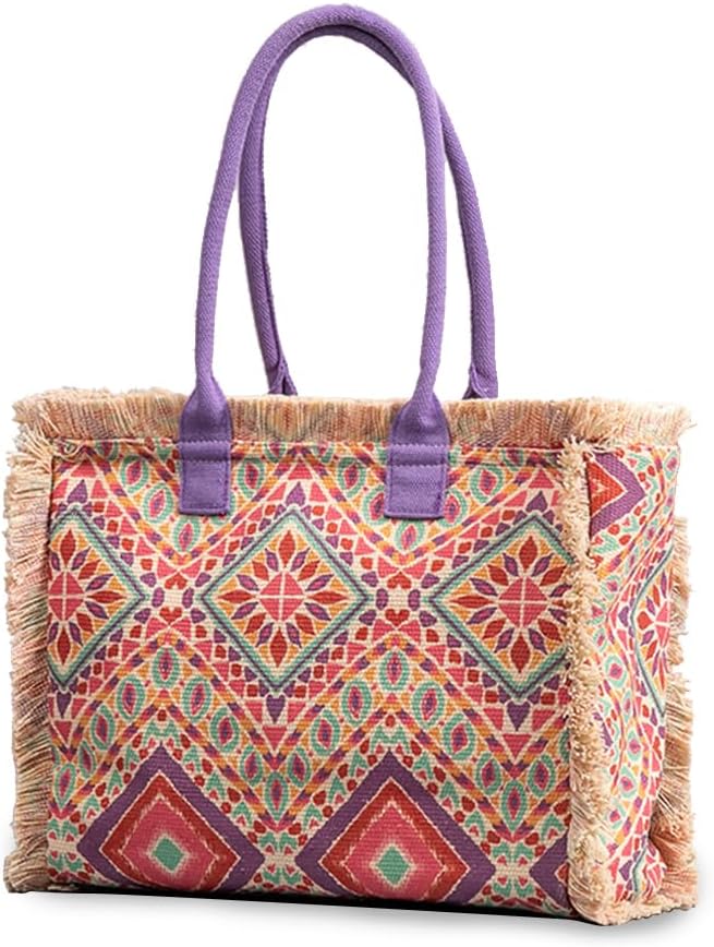 CORIOS Women Canvas Handbag Ethnic Style Tote Bag Retro Shoulder Bag with Tassels Summer Beach Bag L