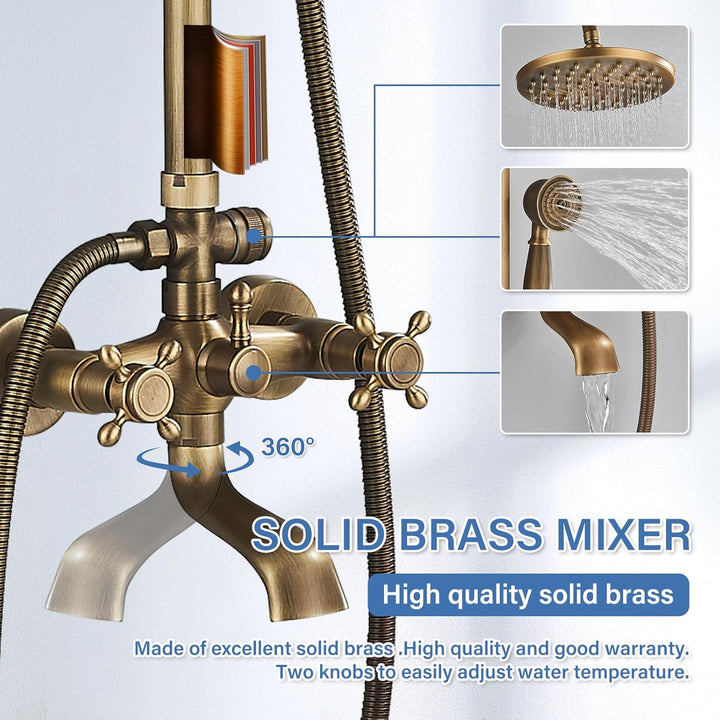Duschsystem mit Regendusche, Antik Messing, Edelstahl, mit Handbrause, Kopfbrause, Verstellbarer Dus