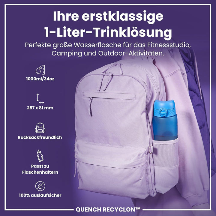 ion8 1 Liter Trinkflasche mit Zeitmarkierungen, Auslaufsicher, Einhandöffnung, Sichere Verriegelung,