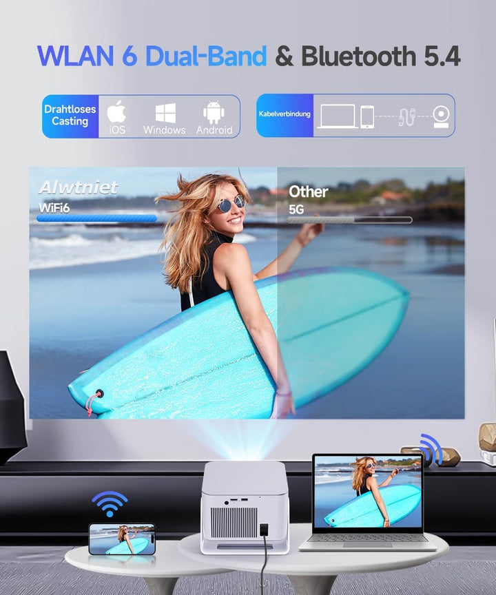 Alwtniet Mini Beamer Projektor 4K 8K Unterstützt, Full HD 1080P Smart Projector mit Android 14, WiFi