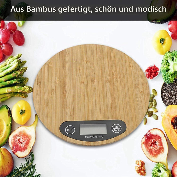 Küchenskala, 2 * AAA 5kg/1g Batterie Bambus Runde Elektrische Küchenwaage LED Anzeige, Digitale Küch