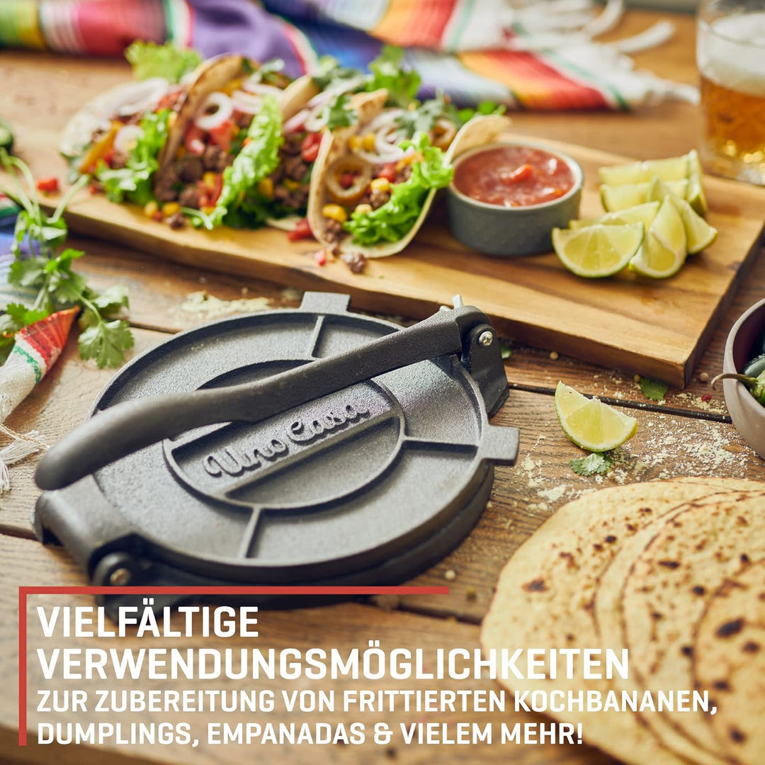 Uno Casa Tortilla Presse 20 cm - Taco Presse, Hochleistungs-Gusseisen Tortilla Maker - Roti Maker Bo