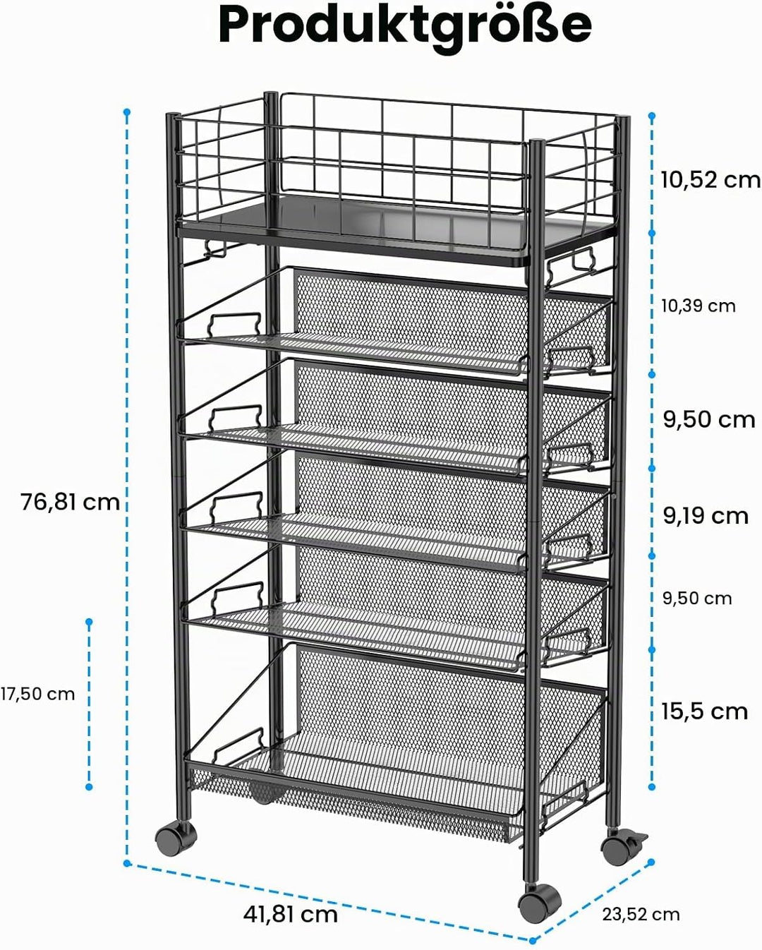 Rollbarer Aktenwagen mit Rädern, 6-stufiger Roll-Aktenwagen aus Metall für neben dem Schreibtisch, m