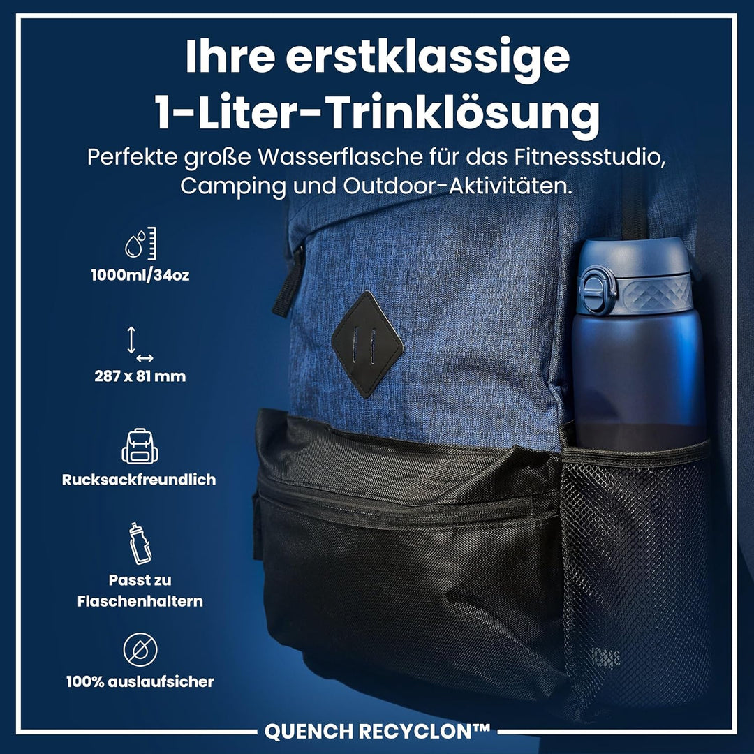 ion8 1 Liter Trinkflasche, 1000ml, Auslaufsicher, Einhandöffnung, Sichere Verriegelung, Spülmaschine