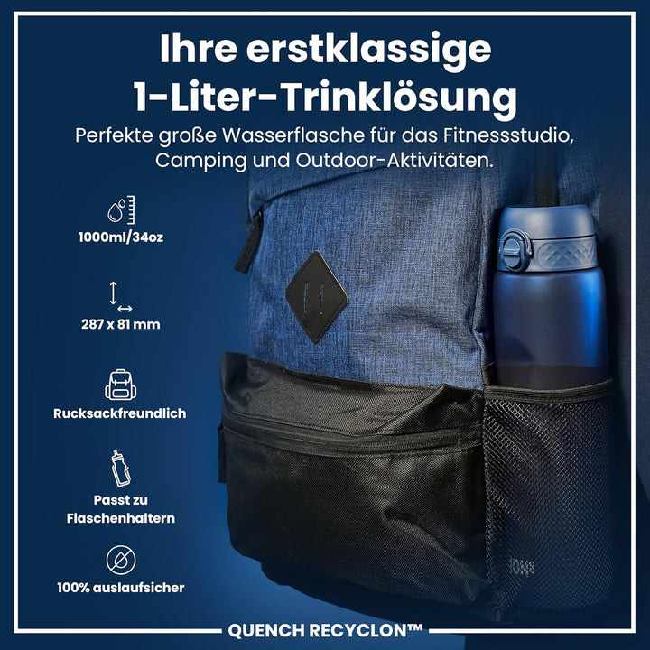 ion8 1 Liter Trinkflasche, 1000ml, Auslaufsicher, Einhandöffnung, Sichere Verriegelung, Spülmaschine
