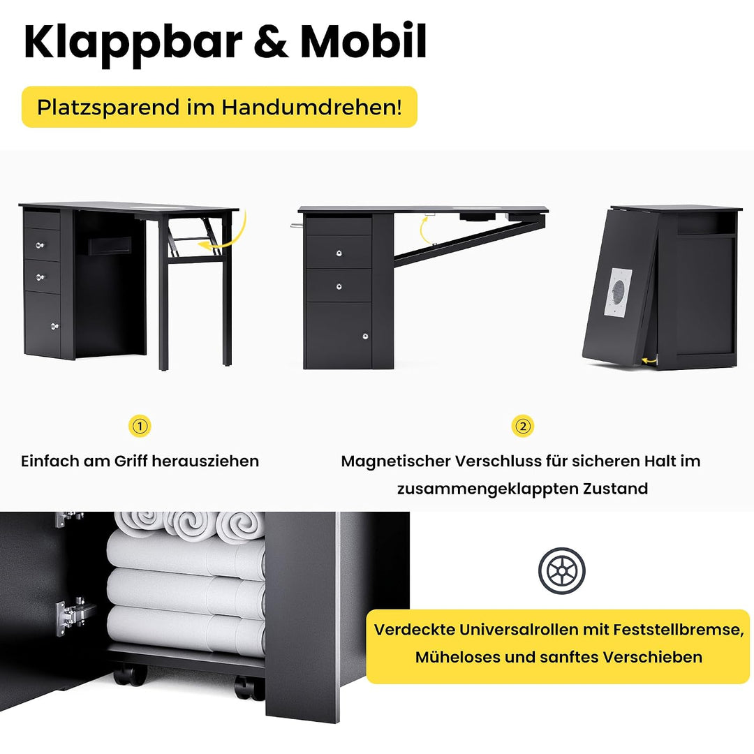 Klappbarer Nageltisch mit Staubabsaugung & LED-Lampe, Mobiler Manikürtisch auf Rollen mit 3 Schublad