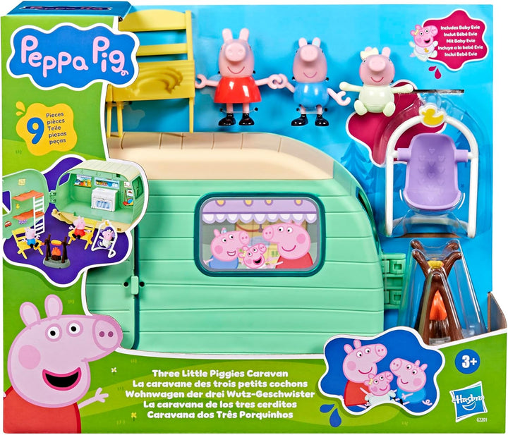 Peppa Pig Wohnwagen der DREI Wutz-Geschwister Spielset mit 3 Figuren, darunter Baby Evie, Vorschulsp