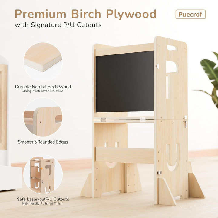 Lernturm für Kinder, klappbarer 3-in-1 Küchenhelfer Tritthocker aus Holz mit Kreidetafel, mit Sicher