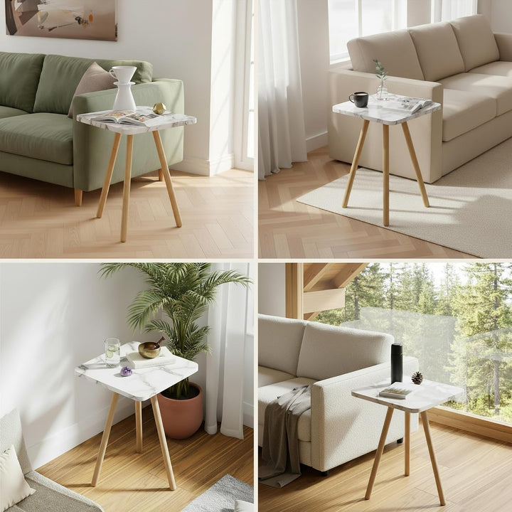 Beistelltisch Creme Marmor Optik 34x45 cm Holzbeine Sofatisch Creme-marmor Quadratisch, Creme-marmor