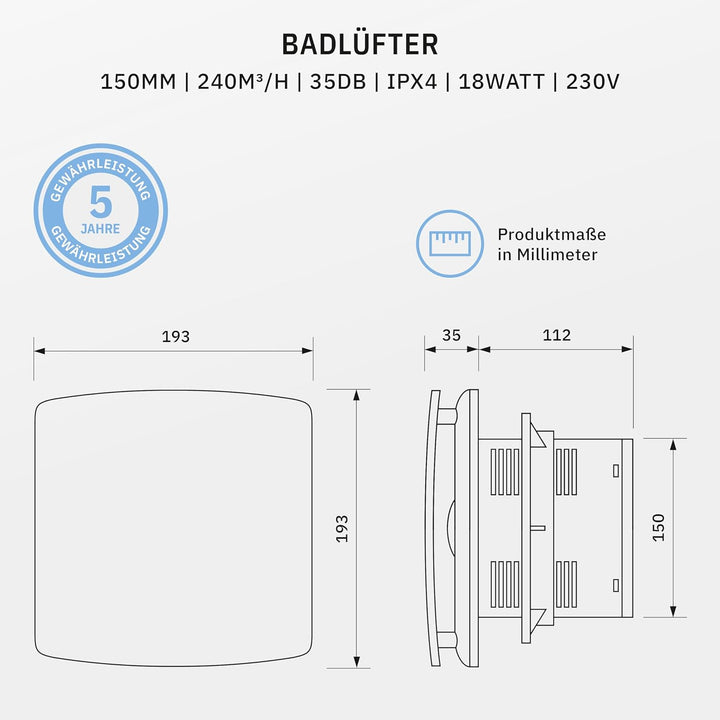 BREEZE Badlüfter 150mm Mit Nachlauf Und Rückstauklappe, Badlüfter Mit Feuchtigkeitssensor, Energieef