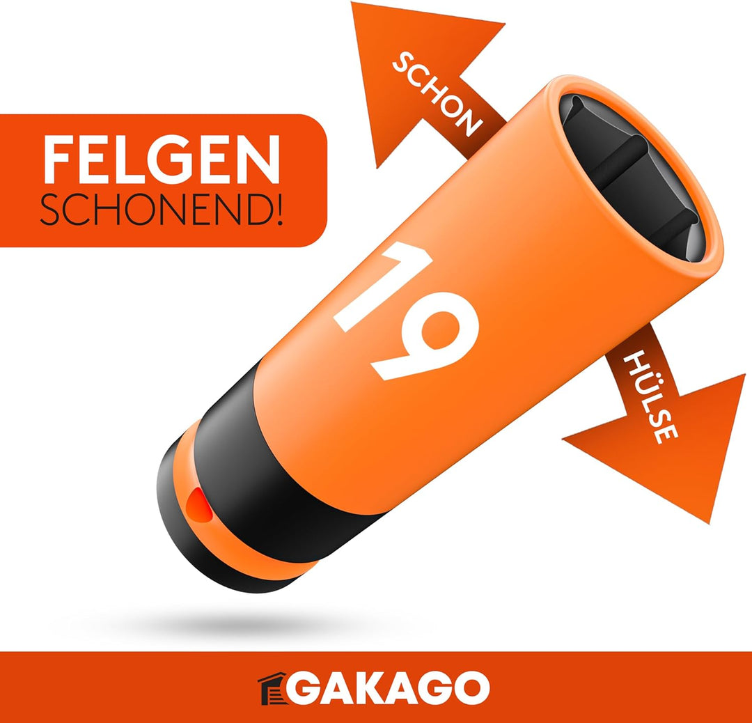 Gakago Kraft-Schoneinsatz - 17mm 19mm 21mm Radschrauben Nuss Set mit Kunststoff-Felgenschutz - 1/2 Z