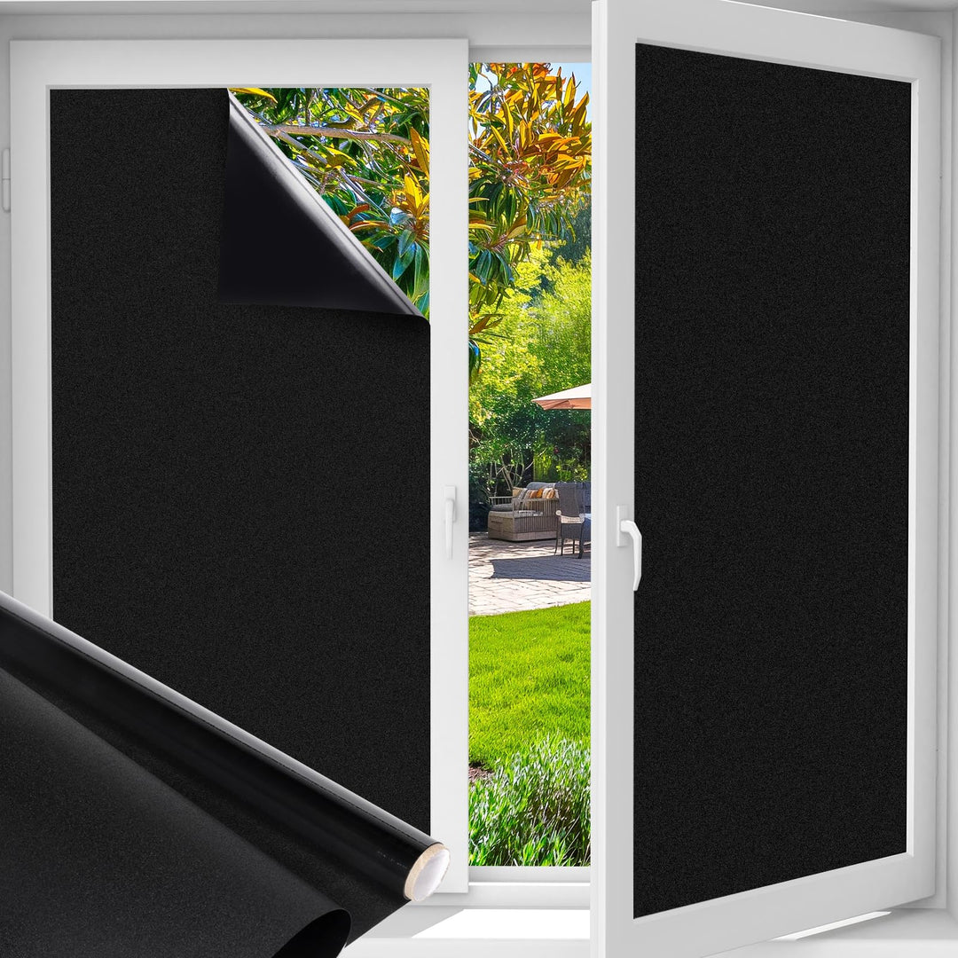 Funfox Fensterfolie Schwarz Verdunkelungsfolie Blickdicht Fenster Sonnenschutz Milchglasfolie Selbst