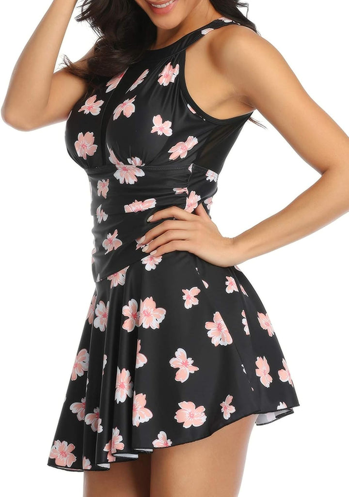 FLYILY Damen-Badeanzug mit hoher Taille Badeanzug mit Shorts Retro-Beachwear Neckholde Bademode Blac