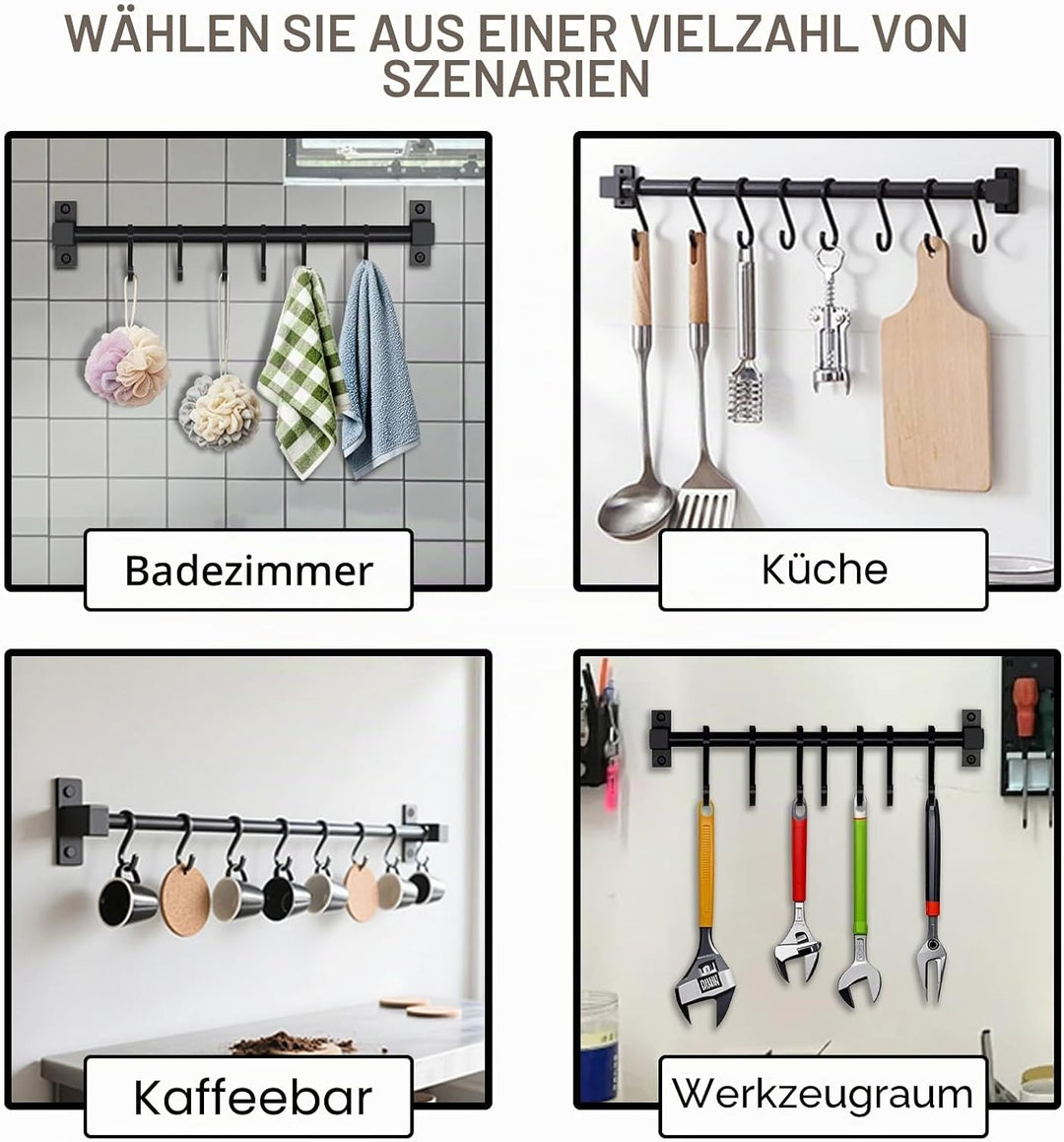 Smallboutique Schwarzer Aluminium-Utensilienhalter, Küchenregal zur Wandmontage, Küchenschienen-Pfan