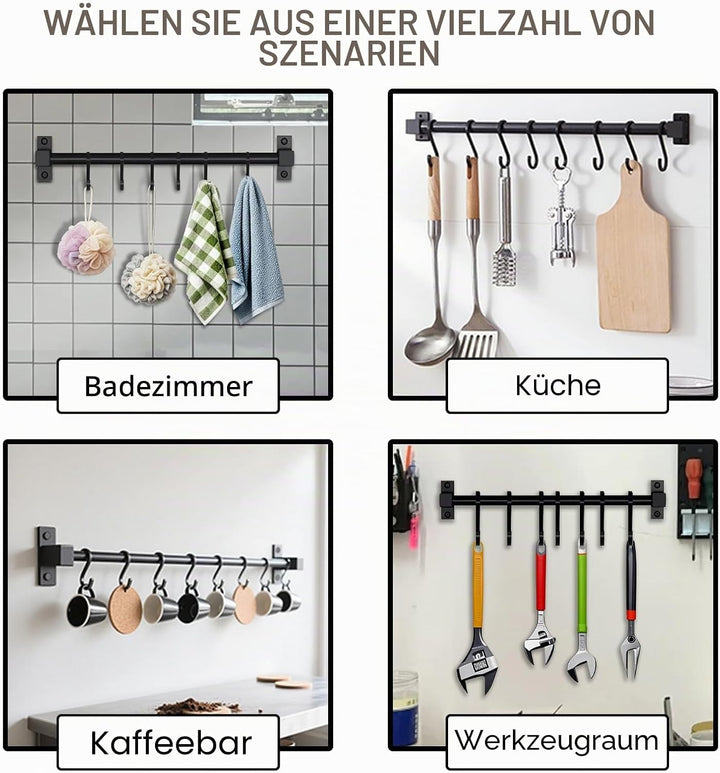 Smallboutique Schwarzer Aluminium-Utensilienhalter, Küchenregal zur Wandmontage, Küchenschienen-Pfan