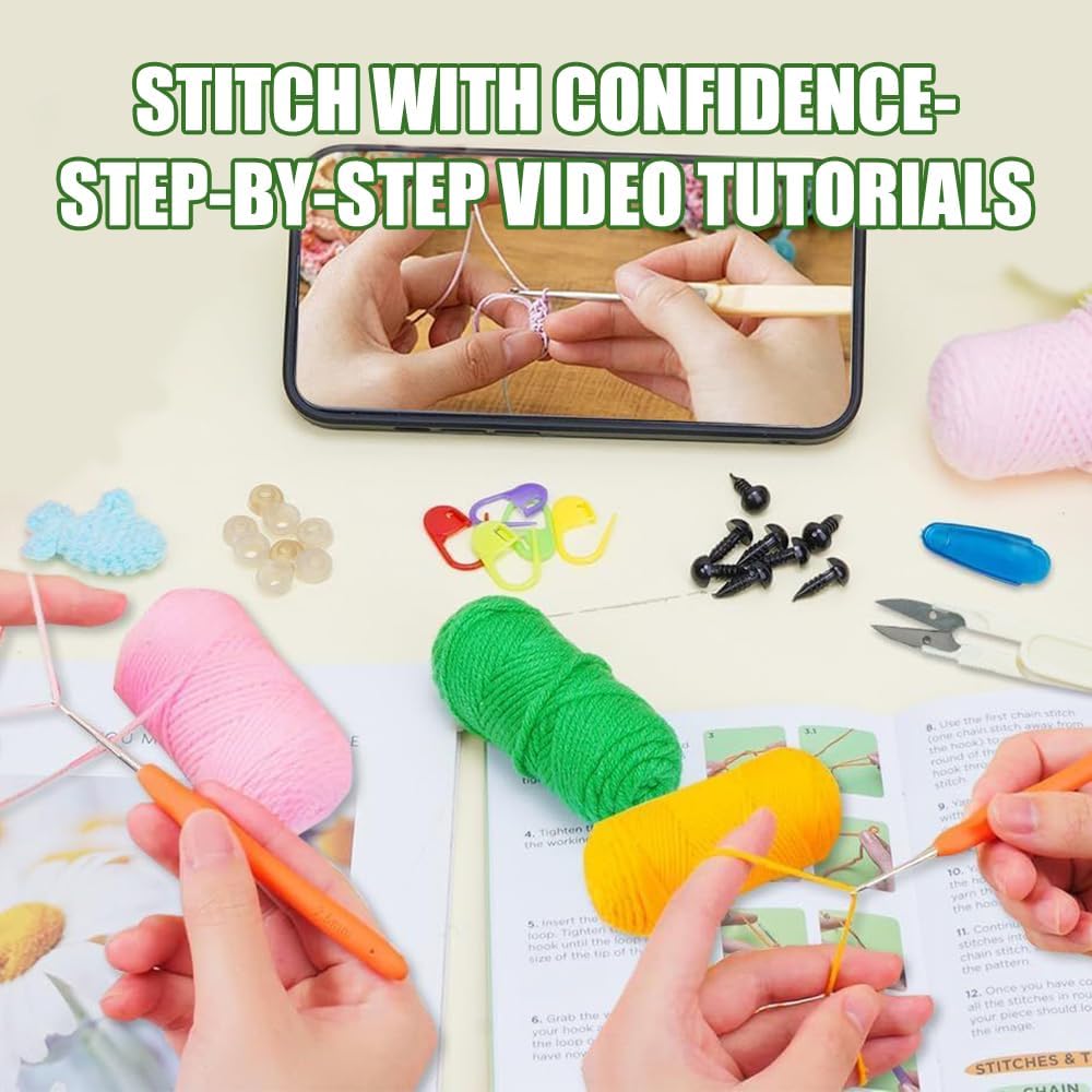 Mecmbj Häkelset für Anfänger, 6 Stück Tiere Häkelset, mit Englischem Video-Tutorial und Anleitung, C