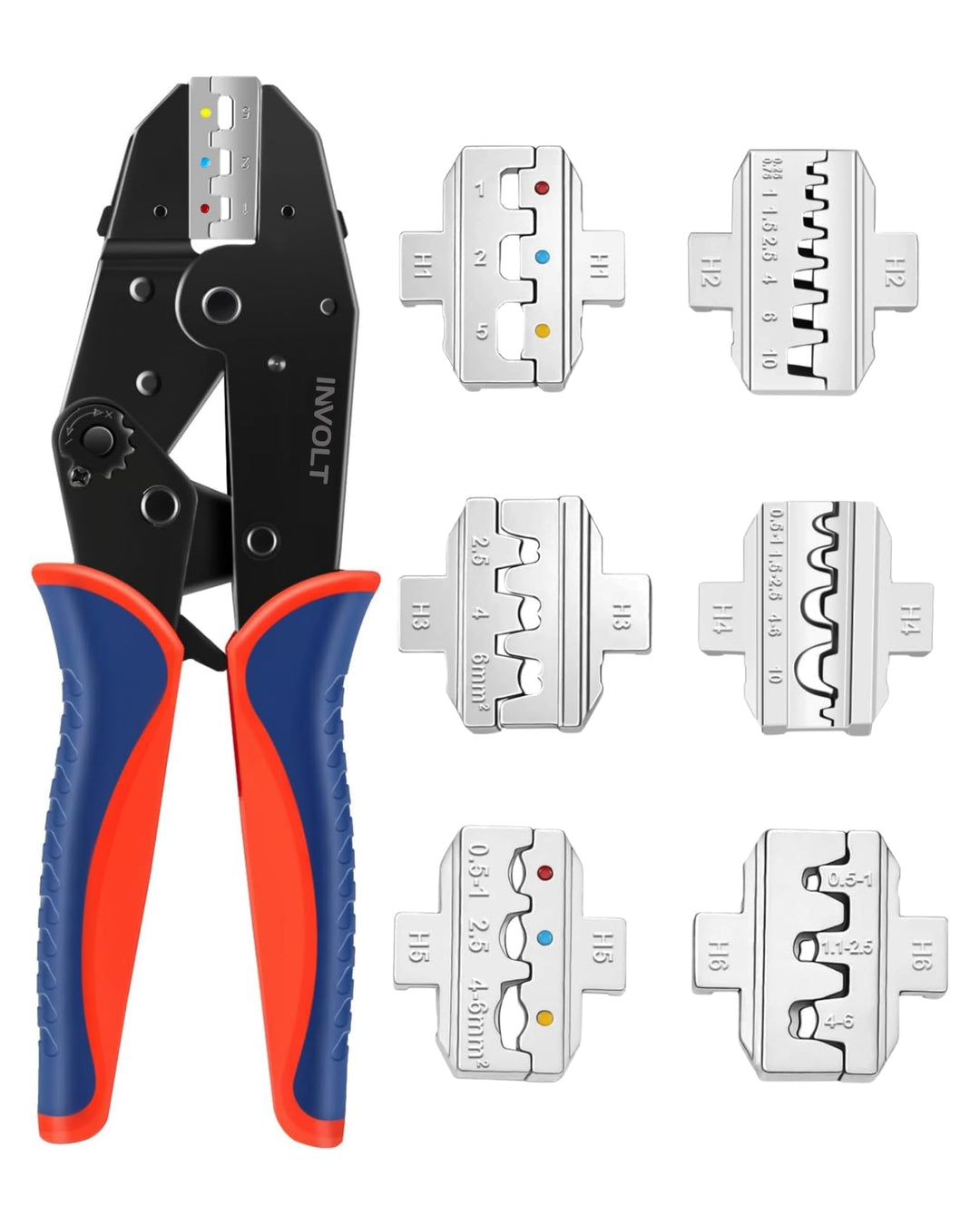 INVOLT Crimpzangen-Set mit 6 Wechselbacken für 0,25-10 mm², Crimpwerkzeug für Kabelschuhe, Flachstec
