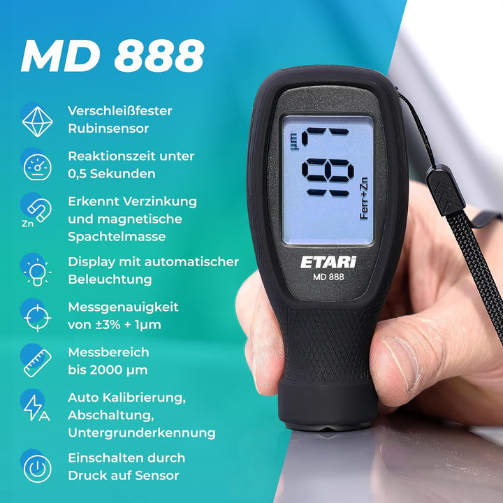 ETARI® MD 888 Lackschichtenmessgerät Modell 2024 mit Sensor aus verschleissfestem Rubin, erkennt ver
