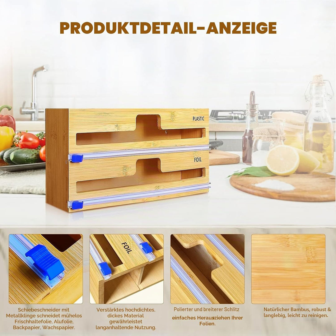 QINGLOU Folienschneider,2 in 1 Folienspender Mit Cutter, Bambus/Folienabroller,Frischhaltefolie, Wac