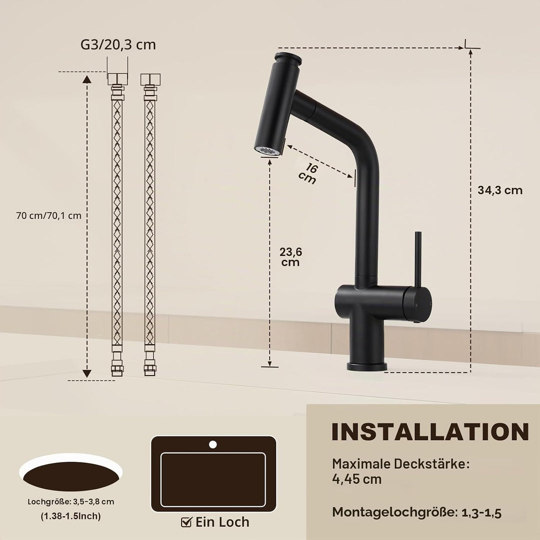 Wasserhahn Küche Schwarz, Hochdruck Küchenarmatur mit Herausziehbarer Brause Ausziehbar Armatur, Mis
