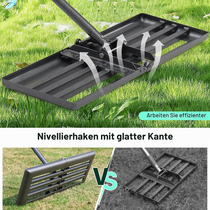 Rasenrechen 220cm, klappbarer Nivellierrechen mit 68x25cm Kopf für Rasenplanierung, Erdboden Verteil