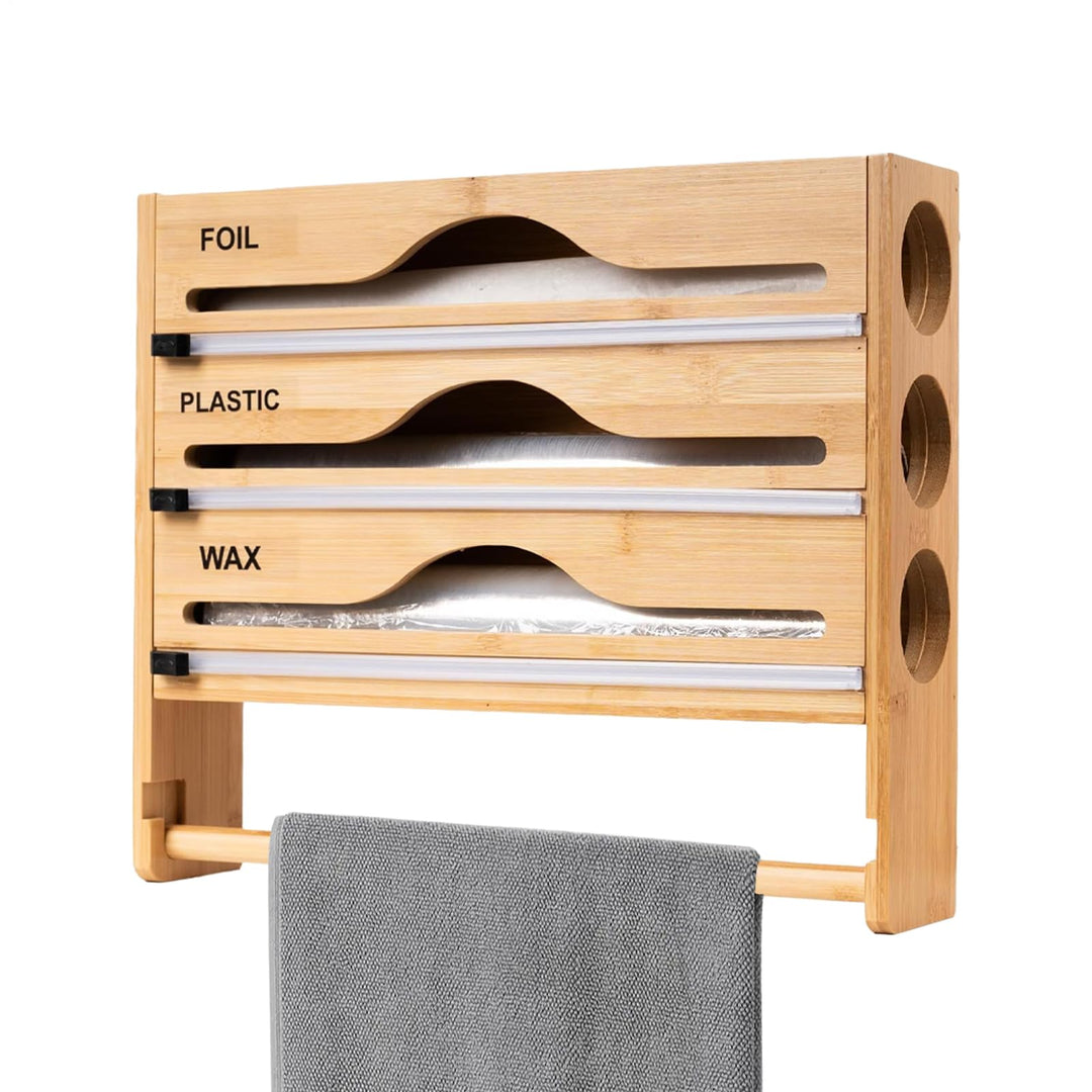 Reusable wrap organizer with cutter‑13.98×11.61×2.76inches wooden kitchen storage holder, fits rolls