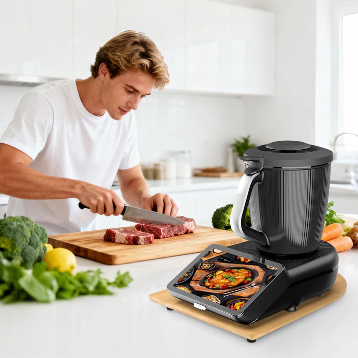 Bambus Gleitbrett für Thermomix TM7 mit 360° Rollen, Müheloses Verschieben des TM7 Hochwertiger Roll