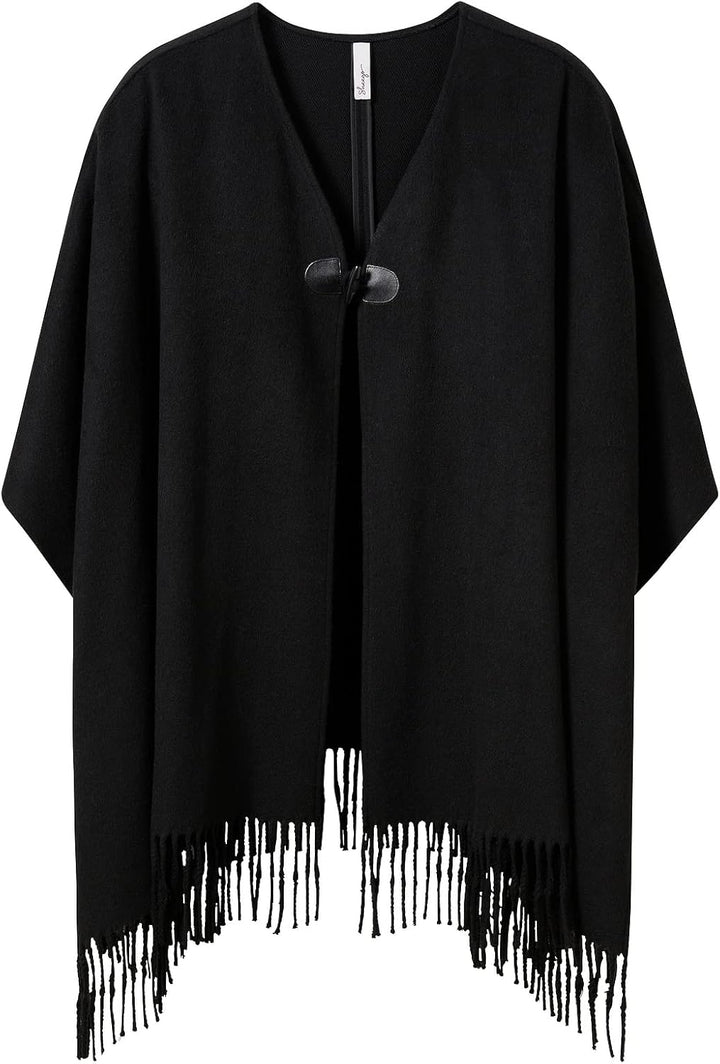 Sheego Damen Grosse Grössen Poncho im Cape-Stil, mit Fransen und Knebelverschluss Freizeitmode klass