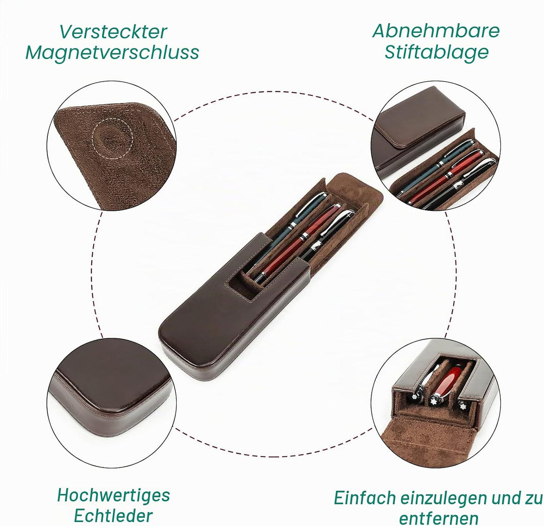 Hiram Leder-Füllhalteretui, Leder-Füllhalterbox für 3 Stifte mit Verstecktem Magnetischem Schnappver