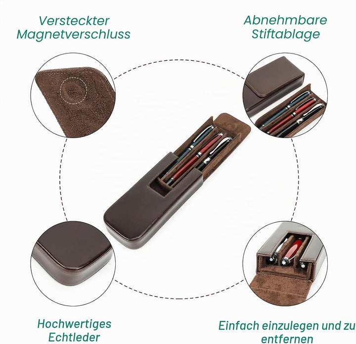 Hiram Leder-Füllhalteretui, Leder-Füllhalterbox für 3 Stifte mit Verstecktem Magnetischem Schnappver